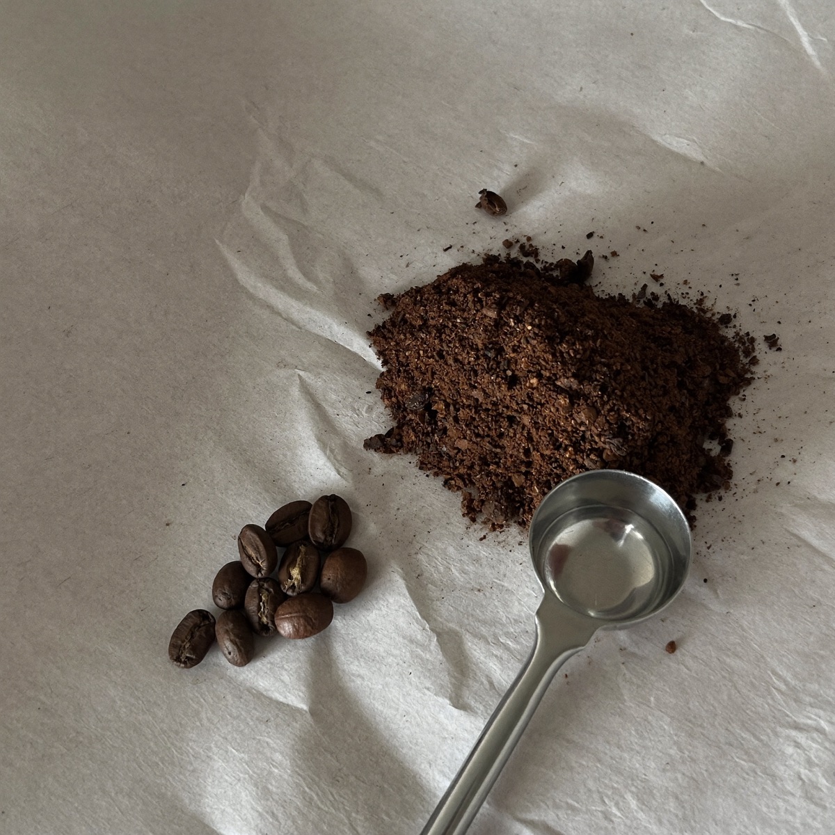 Caffe macinato fresco con un misurino di acciaio e chicchi interi