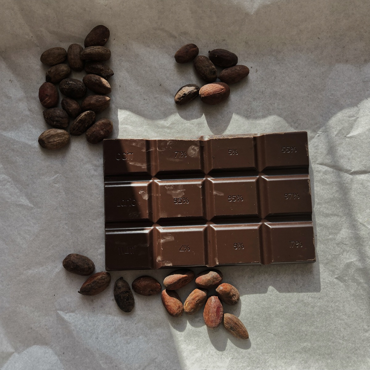 Tavoletta di cioccolato fondente spezzata su carta da forno